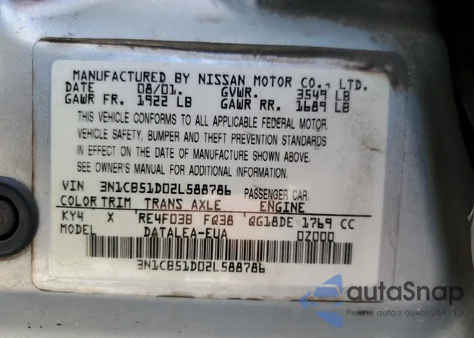 2002 Nissan Sentra Xe z USA, uszkodzony, nr VIN 3N1CB51D02L588786